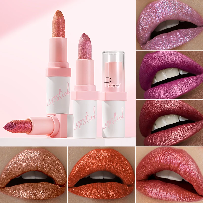 Pudaier 24 Hours Long Lasting Matte Shinny Lipstick Wholesale Vegan Glitter Metallic Lipstick Shimmer 10 Colors Private Label