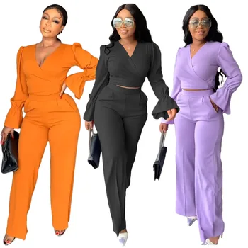 Ladies Work Outfits Two Piece Pant Suits for Women Work Office Elegant Two Piece Sets Flare Long Sleeves 2 Piece Pants Sets