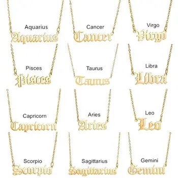 Wholesale Birthday Gift Stainless Steel Gold Horoscope Star Pendant Necklace 12 Constellation Old English Zodiac Sign Necklace