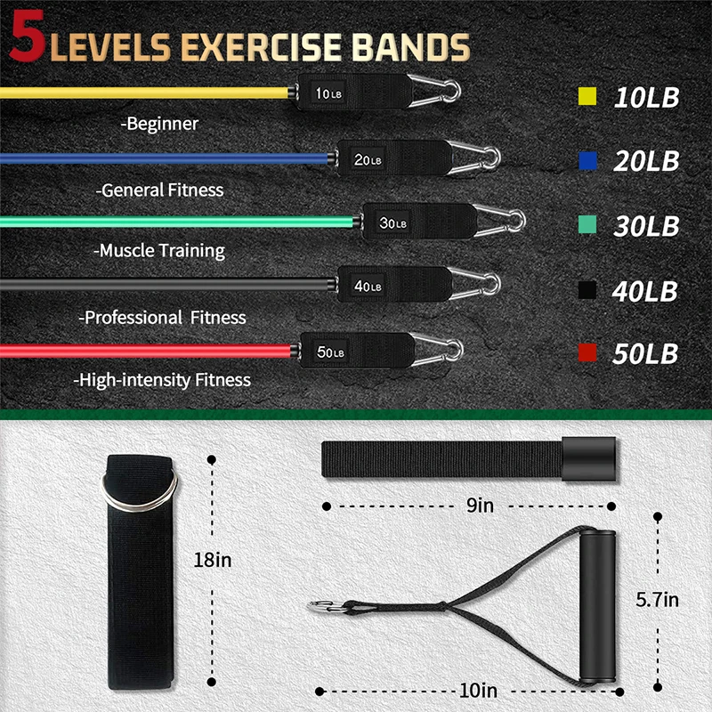 5 Levels Adjustable Workout Elastic 11pcs Latex Resistance Bands Tube Set