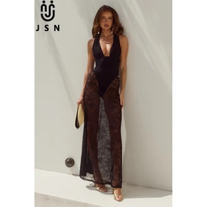 JSN 2026 Customized Deep v Neck Sexy Solid Two Piece Bikini Set with Lace Swimdress Women's Elegant Swimsuit Swimwear&beachwear