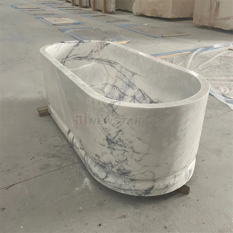 Newstar Calacatta Viola Marble Design Hand Carved Solid Freestanding Bathtub Natural Stone Bathtub Marble Bathtub