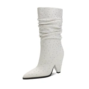 White Rhinestone Pointed Toe Knee-High Western Party Boots with 9.5cm High Heel Autumn Winter Summer