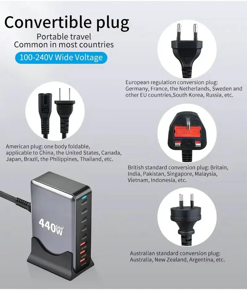 440W GaN台式充电器8端口USB C型PD 100W快速集线器充电器3.0 USB C型手机440W USB电源充电器站