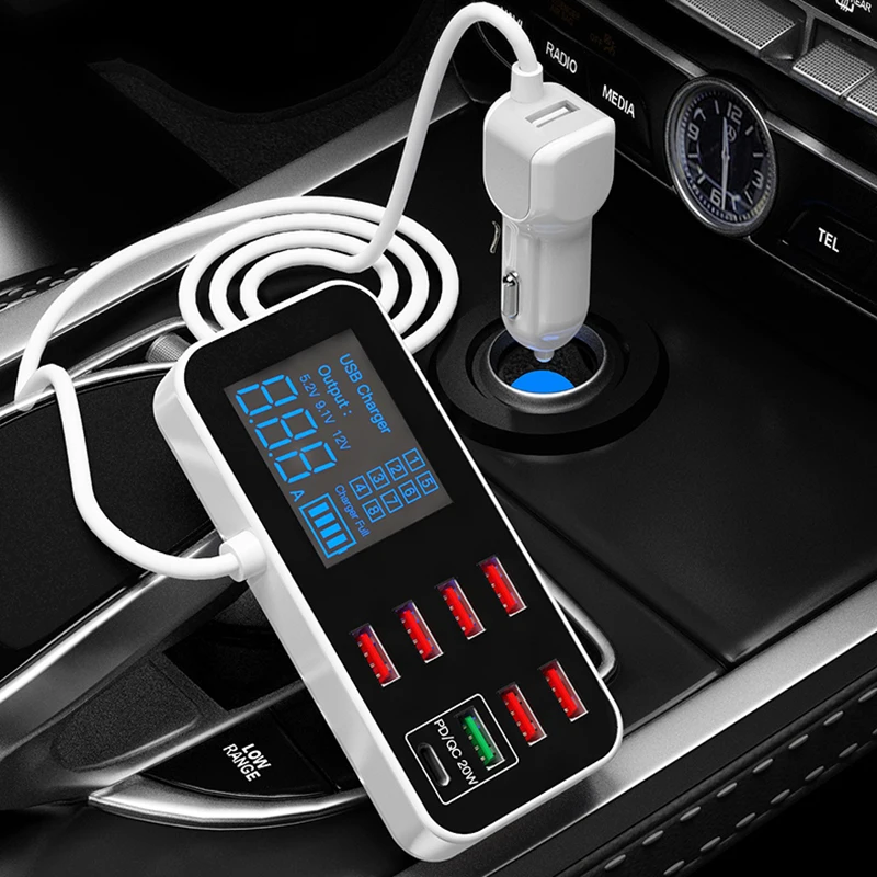 8 USB Ports Car Charger with 40W 8A PD Function LCD Lights Indicating Fast Charging for Multiple Devices