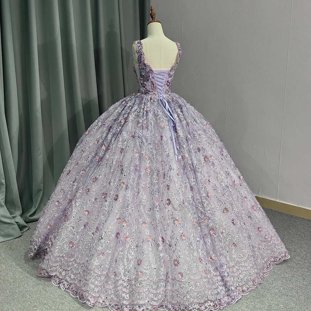 lavender light purple quinceanera dresses Lilac Quinceanera Dresses 3D Flower Off Shoulder Sweet 15 Party Prom Ball Gown