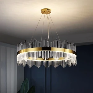 Modern Crystal Chandelier Round Crystal Gold LED Hanging Ceiling Light, Three Color Temperatures Pendant Lights Fixture