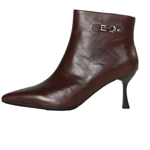 Elegant Women's Ankle Boots Made of Genuine Leather, Pointed High Heels with Buckles, Mid Heeled Fashionable Boots for Women