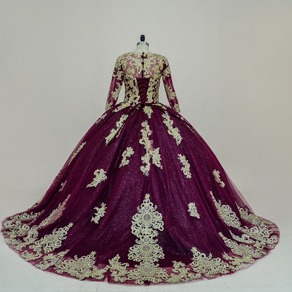 fitted lace wedding dress MisShow Burgundy Ball Gown Off-Shoulder Long Sleeves with Beaded 3D Flower Lace Appliques for Quinceanera Sweet 16 & Princess Birthday Parties main image 0