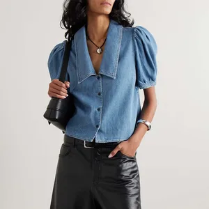 Clothing Manufacturers Custom Spring Summer Autumn Short Puff Sleeve Turndown V Neck Button Denim Top