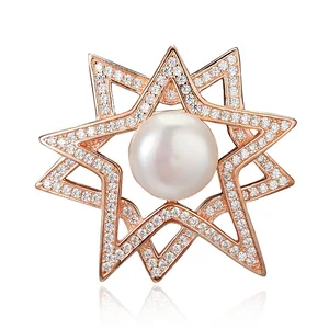 925 Sterling Silver Flower Brooch Freshwater Pearls Rhodium Plated Wedding Rhinestone Brooches Women