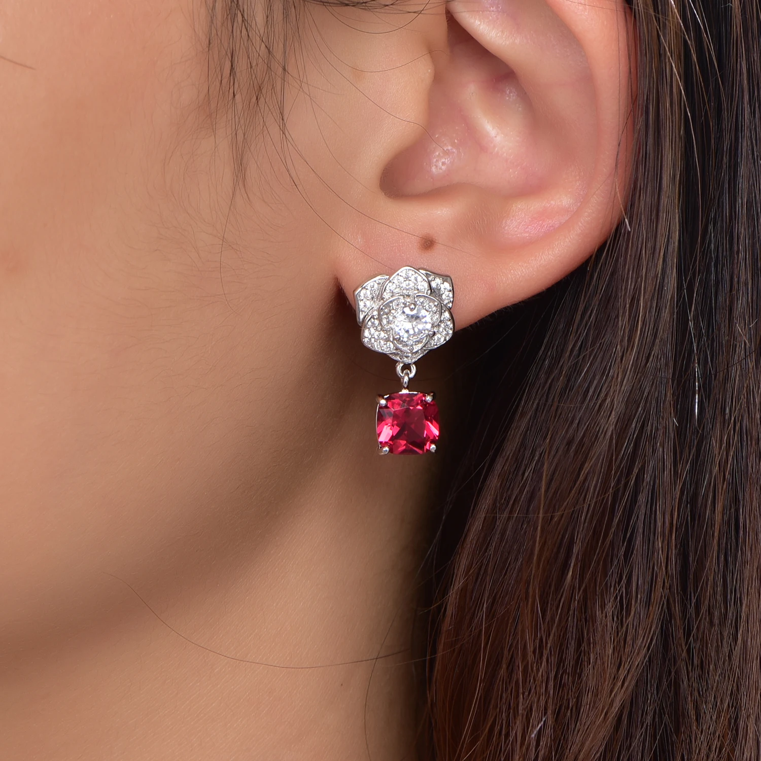 sterling silver earrings 925 flower earrings red corundum CZ crystal dangle earrings