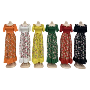 Wholesale New Summer Square Collar Belted Women's Short Sleeve Top Pleated Floral Lace Dress