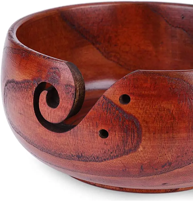 Handmade Wooden Yarn Bowl For Knitting & Crochet - Large 7x7x4 Inch Mango Wood Holder With Spiral Cutout
