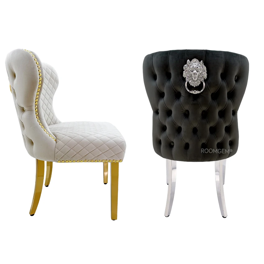 Customized Button Tufted Velvet Lion Knocker Back Dining Chairs