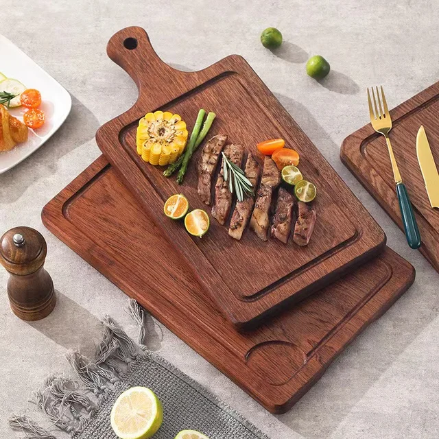 Solid Wooden Tray Eco-Friendly Household Fruit Cutting Board and Chopping Blocks Food Bread Pizza Steak Tray for Kitchen