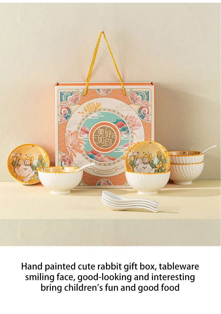 Rabbit Theme Ceramic Bowl Combination Set Household Durable Dinnerware Set Porcelain New Under Glaze Color Gift Cute Customized manufacture