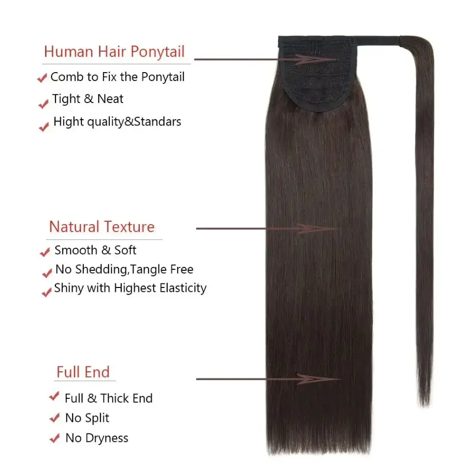 Coda di cavallo 100% capelli umani, europea, liscia, castano scuro, con clip, coda di cavallo, macchina per capelli Remy_voghion.com