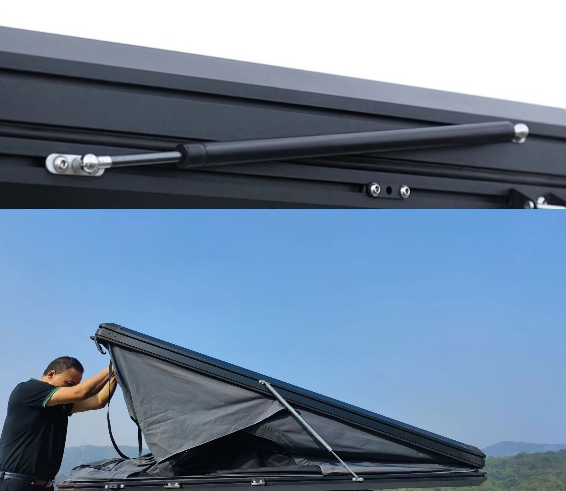 Camping Triangle Car Rooftop Tent Hard Clamshell Black Gray Aluminum 4 Person Hard Shell Roof Top Tent  