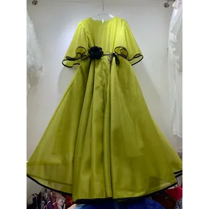 Own Factory Accept Customization Elegant Long Party Dress Women Short Flare Sleeve 3D Appliques Belt Gown Women Banquet Party