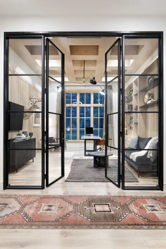 Outdoor French Double Swing Doors for Villas - Slim Wrought Iron Steel Frame with Polymer Coating, Reinforced & Durable