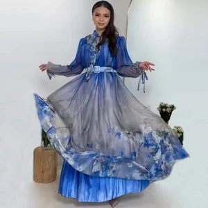 AELESEEN Bohemian Summer Midi Dress Women Design Fashion Ruffles Lacing up Bow Flower Print With Printed Lining Elegant Party