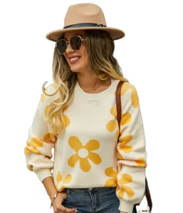 2023 Women's Casual Bohemian Crew Neck Pullover Sweater Wholesale Plus Size Leopard Knitted Winter Clothes Floral Design