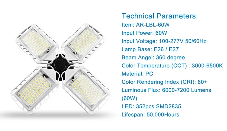 Indoor Lighting Deformable 60W 6000LM 6500K 4 Leaf Ceiling Warehouse Workshop LED Garage Lights E26 E27