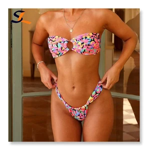 Manufacturer Custom 2026 New Sexy Print Ring Two Piece Bikini Beachwear Bandeau Strapless Swimsuit Women Thong Swimwear