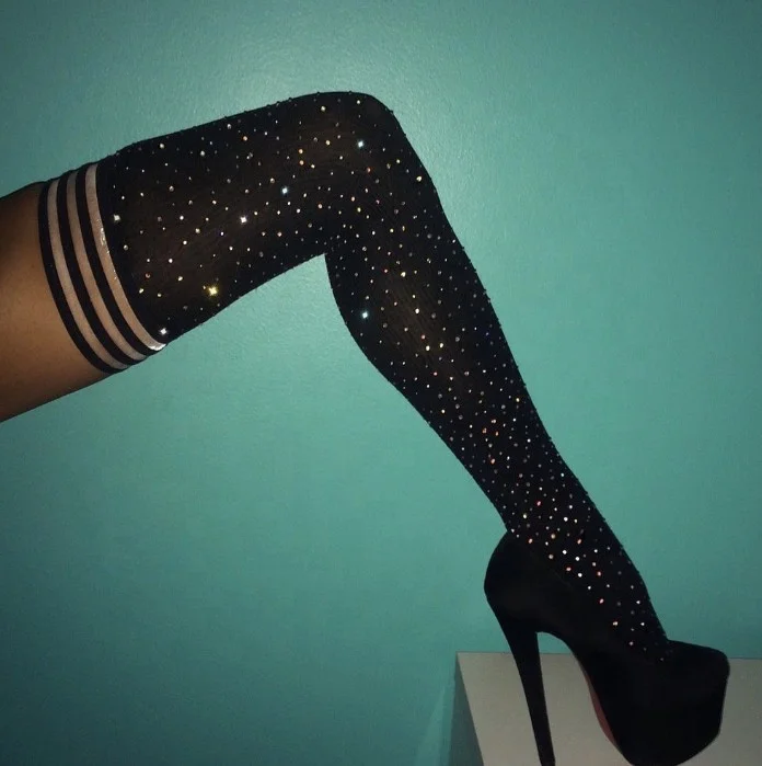 Crystal Glitter Thigh High Womens Socks With Rhinestone Fishnet