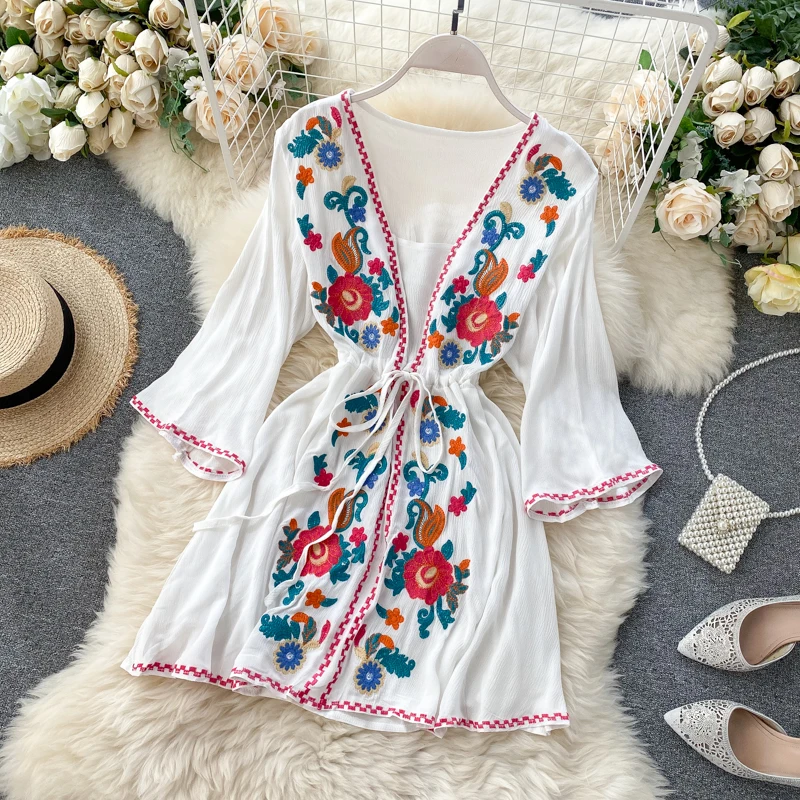 Bohemio Retro étnico industria pesada bordado Flor de manga larga