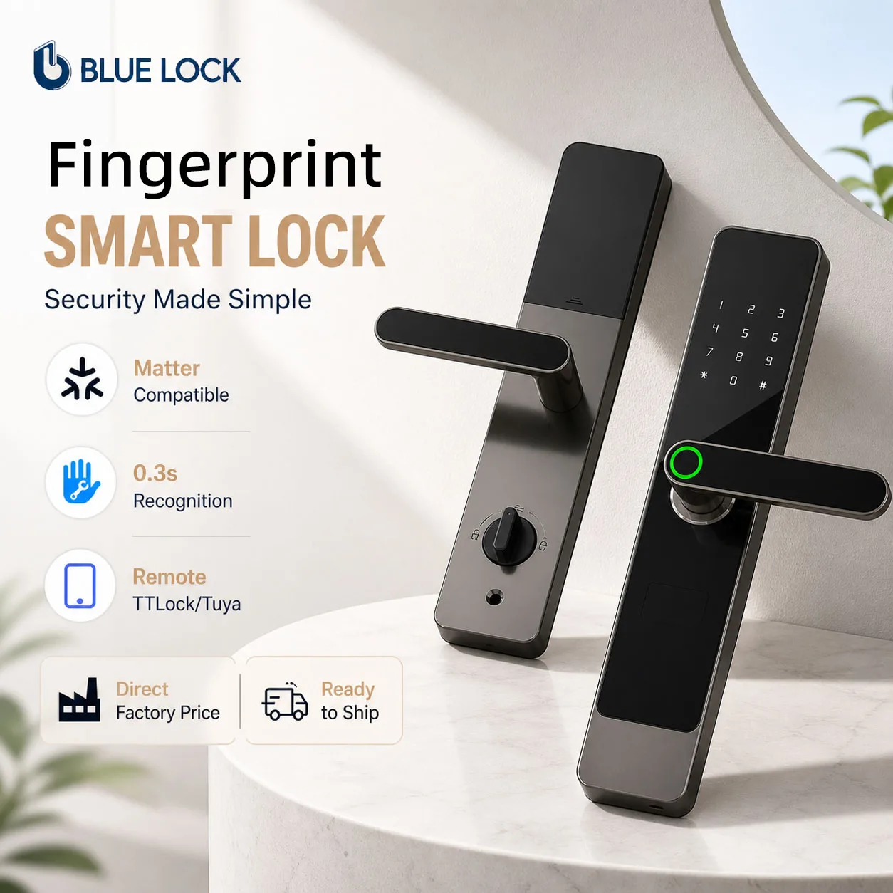 Bluelock Aluminum Alloy Fingerprint Smart Door Lock Handle TTLock/Tuya App for Aluminum Door Home Hotel for 2-Year Warranty