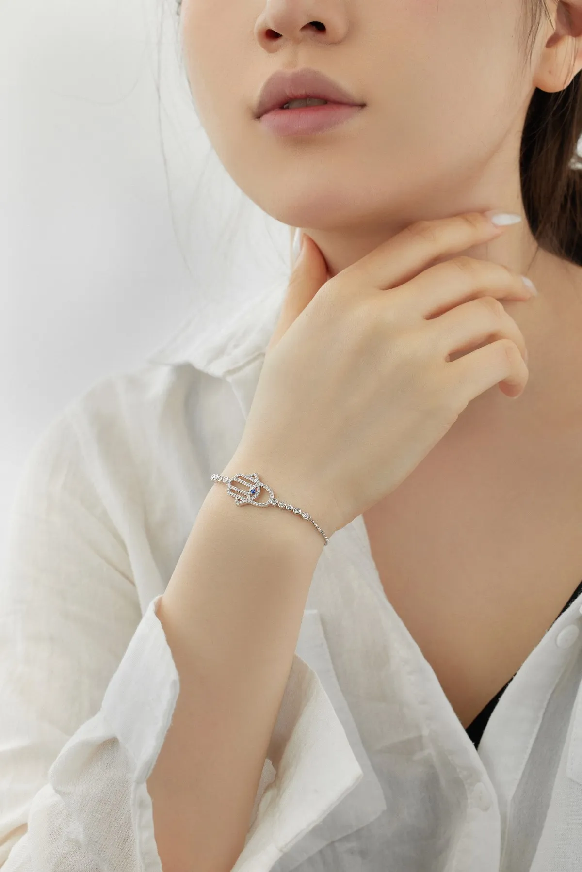 KAKODIY Matte 925 Sterling Silver Hollow Hamsa Bracelet Cubic Zirconia Tennis Amulet Bracelet Women's Accessories detail 4