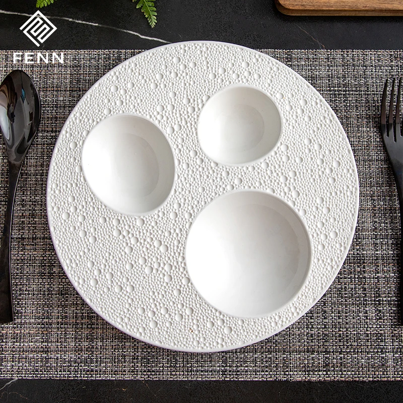 Unique Shape Nordic White Porcelain Egg Shape Lunar Surface Soup Platter Hotel Restaurant Used Wholesa Ceramic Appetizer plate