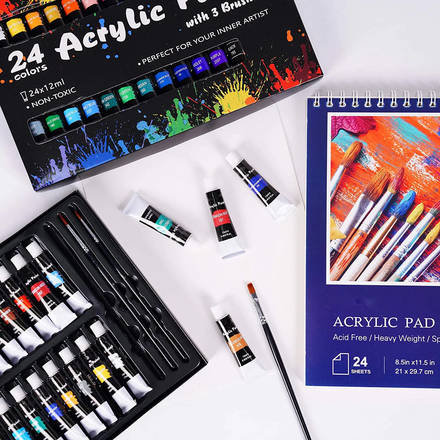 Acrylic Paint 24 Color Paint with 3 Brushes Vivid Paint Pigment for Art