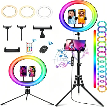 STALLY 13.3" Ring Light Tripod Stand Music Mode Wireless Remote 3 Phone Holders 3 CCT Modes 48 RGB Colors Adjustable Color Temp detail image