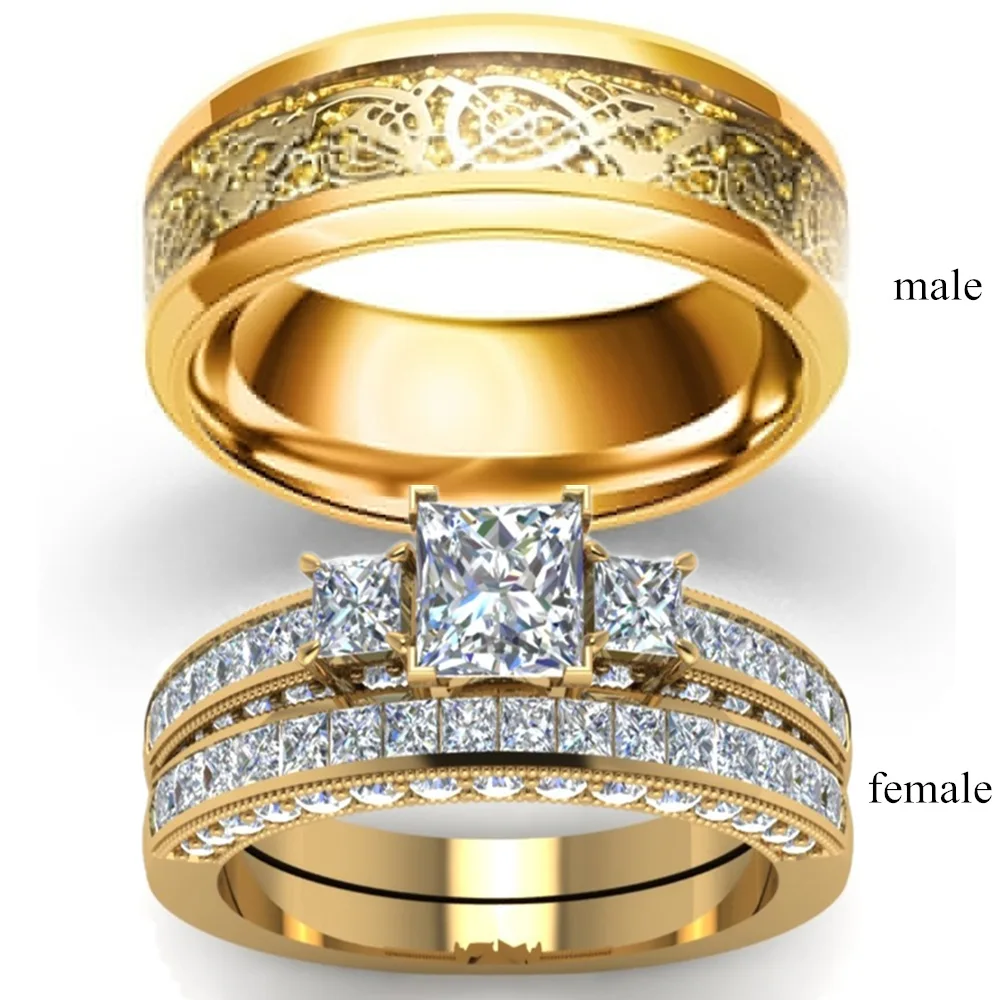 18k Gold Plate Crystal Square Cubic Zirconia Engagement Wedding Rings  Dragon Design Stainless Steel Couple Ring Set