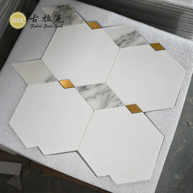 Marble Calacatta Gold Mixed Thassos White  And Brass Waterjet Polished Mosaic Tile for Bathroom Wholesale manufacture