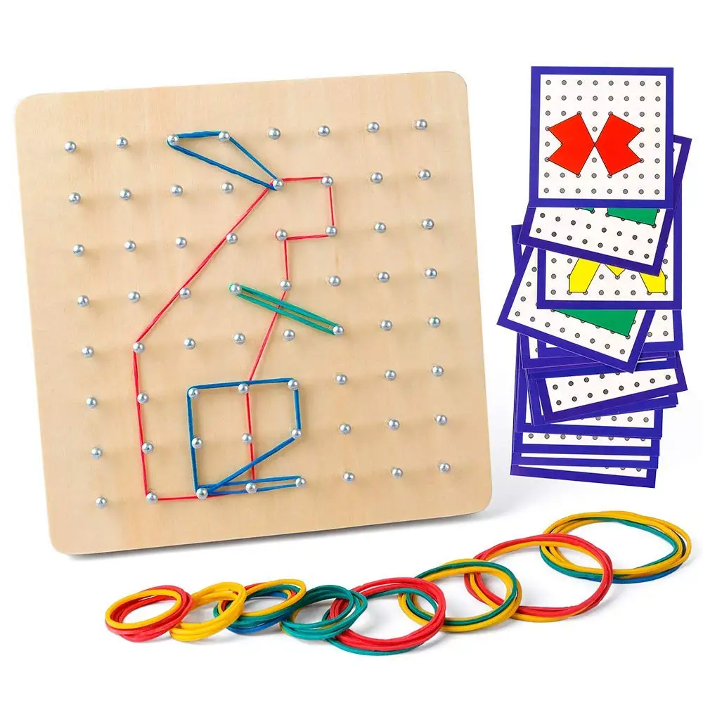 Montessori Wooden Geoboard Mathematical Manipulative Material Array Block  Geo Board with 24Pcs Pattern Cards and Rubber Bands Matrix 8x8 for Kids