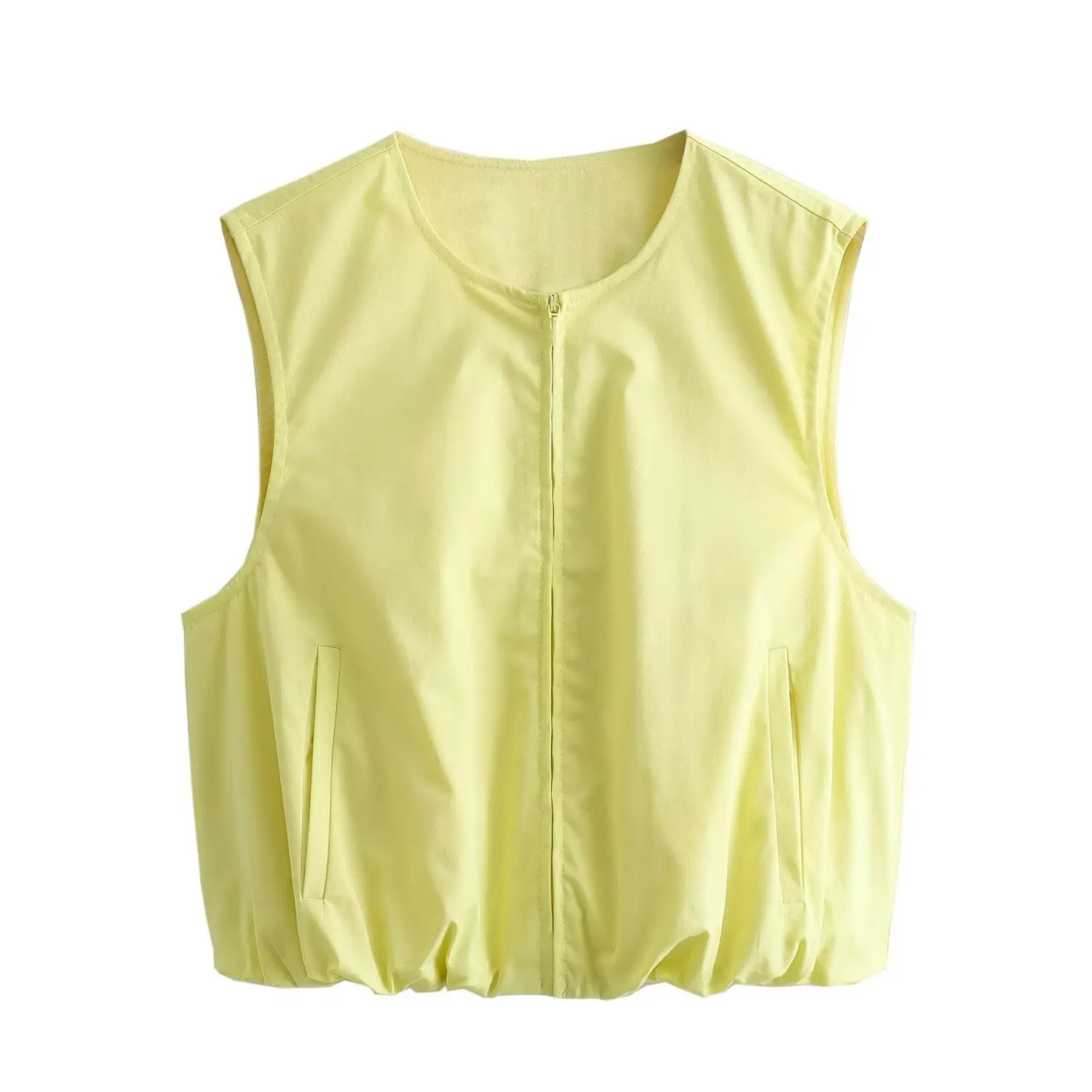 2024 Spring New Round Neck Zipper Pocket Balloon Short Vest Fold Half Skirt Set for Women