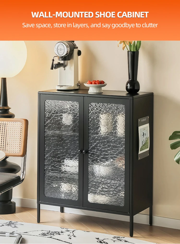 Living Room Metal Cabinet Black Steel Storage Cabinet with Adjustable Shelves,2 Glass Door for Home,Sideboard,Living Room,Office factory