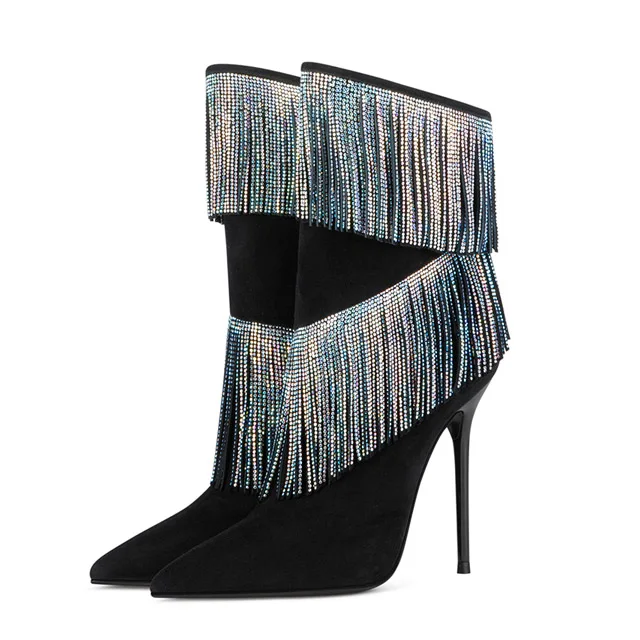 Black Suede Shinny Rhinestones Teassel 