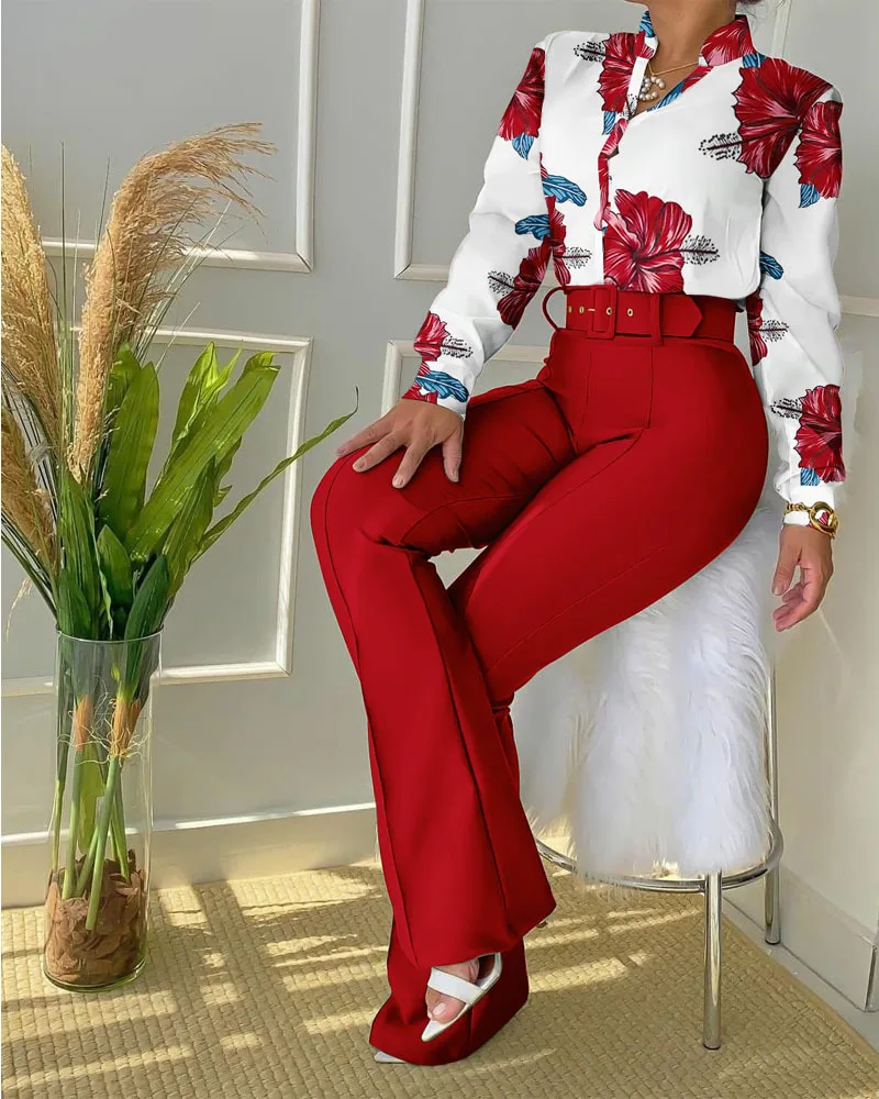 C7028 Latest Design Elegant Classic Two Piece Pants Set Women Long Sleeve Ladies Shirt and Pants Suit
