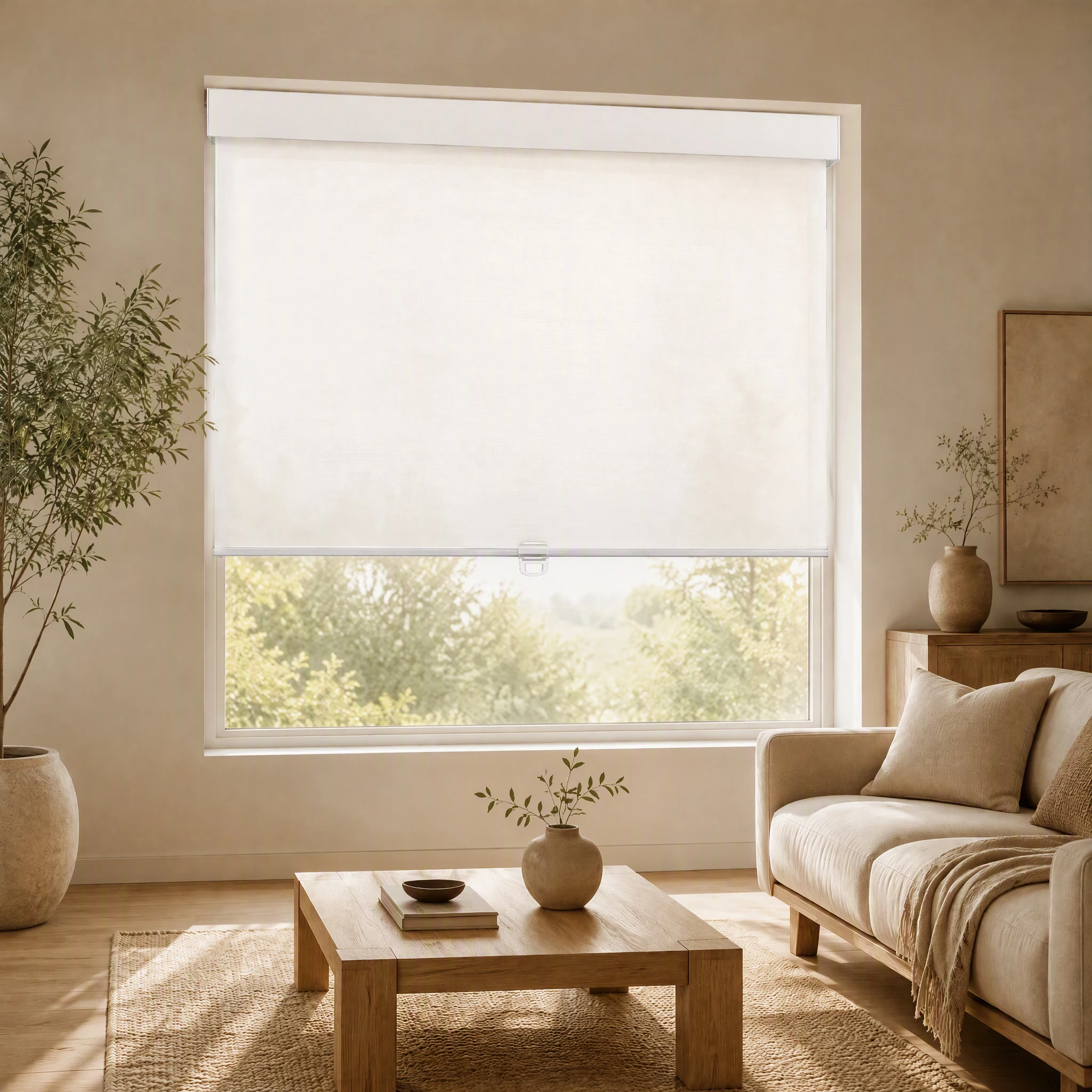 Cordless Built-in Simple Roller Shades Semi-blackout White Fabric for Living Room Custom Size Cassette Headrail