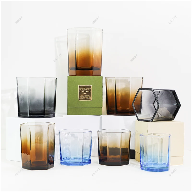 Popular Free Sample Empty Candle Container 160ml 220ml 500ml Monden Luxury Octagonal Amber Candle Jar for Home Dec