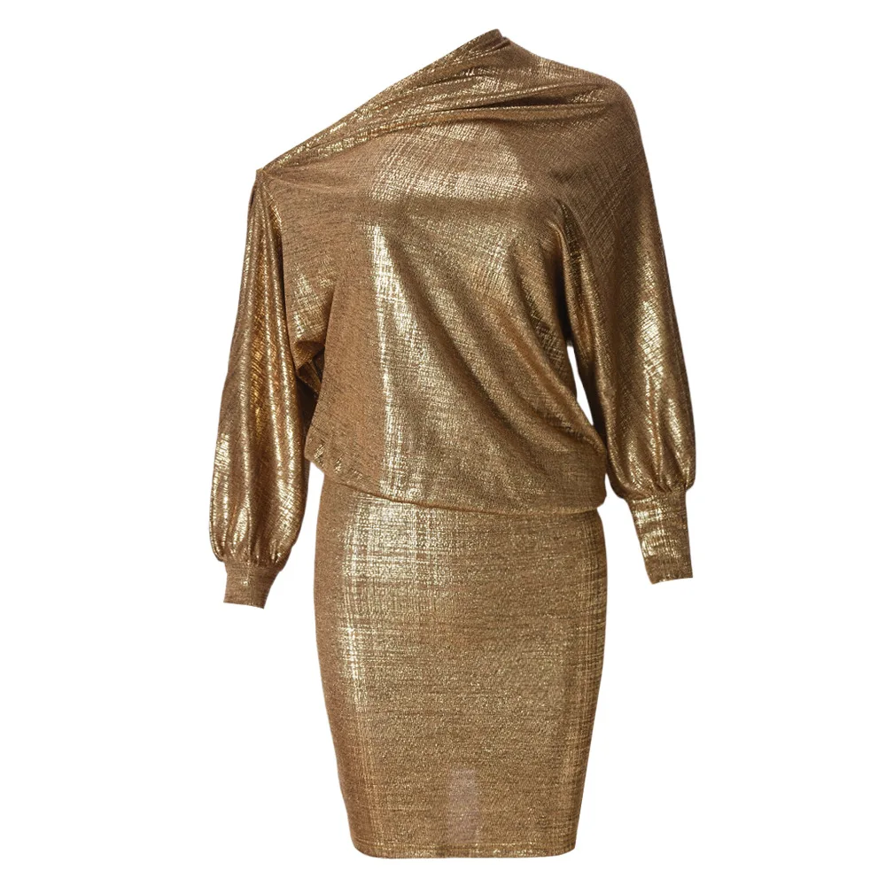 Women's Metallic Gold Asymmetrical One Shoulder Mini Dresses Draped Blouson  Bodycon Party Dress Sehefashion