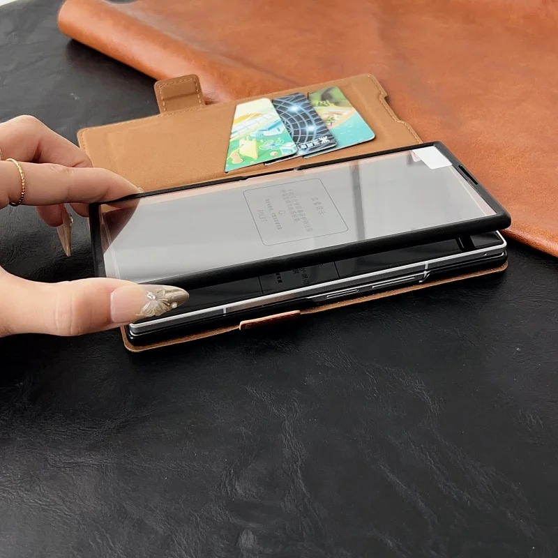 Luxury PU Leather Wallet Card Slots Wrist Strap Stand Case for Samsung Galaxy Z Fold 7 6 5 4 3 2 With Tempered Glass