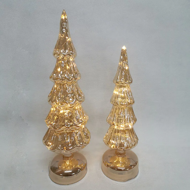 Vintage modern tabletop pre lit led lighted up mini green hand blown glass christmas tree decorative figurine set with lights manufacture