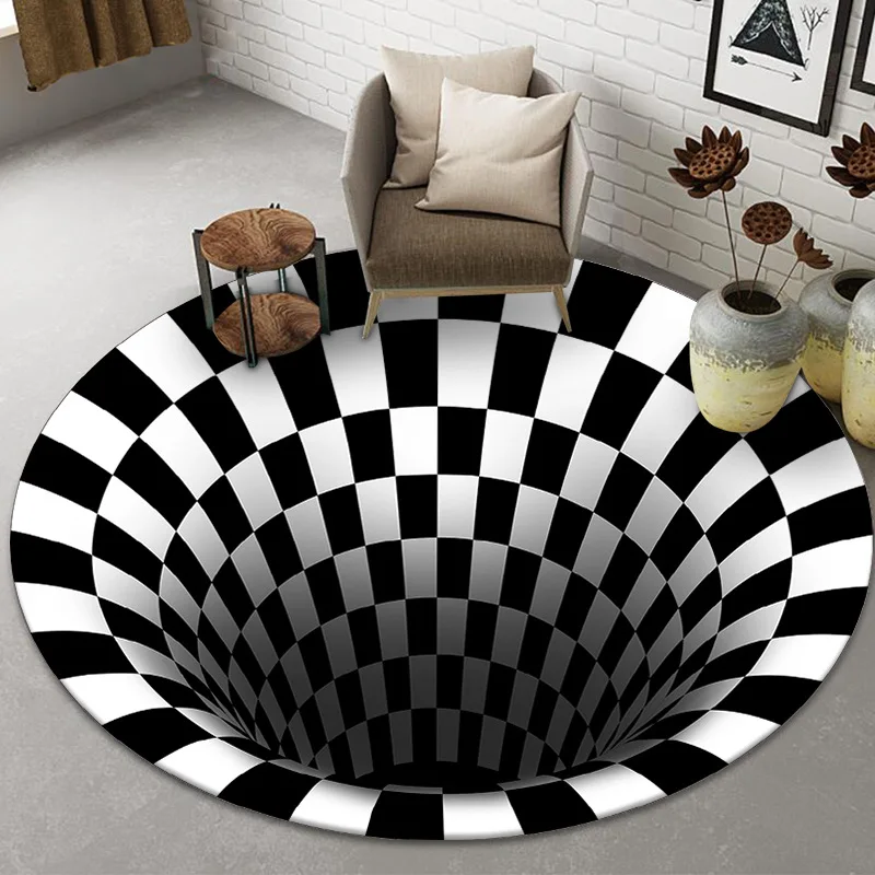3D Visual Vortex Optical Illusions Floor Rug Black White Plaid Round Rugs for Living Room