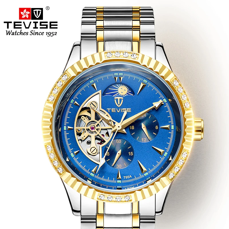 TEVISE 629F Moon Phase Automatic Mechanical Watch Multiple Time Zone 3 ATM Waterproof High Quality Watches for Men
